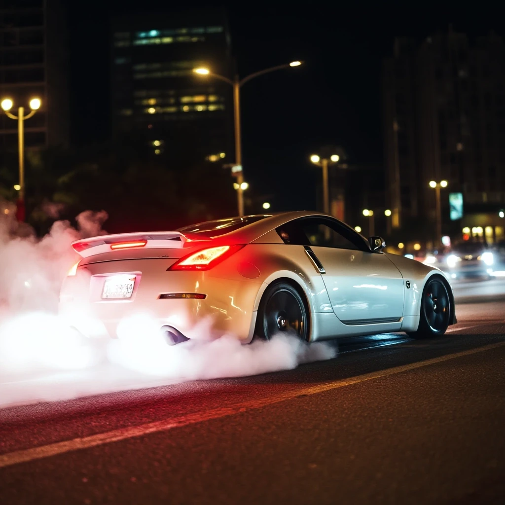 Nissan 350z делает бернаут на главной улице в ночном городе, тормоза раскалились, из колес идет дым — работа пользователя Быстрая Симметрия