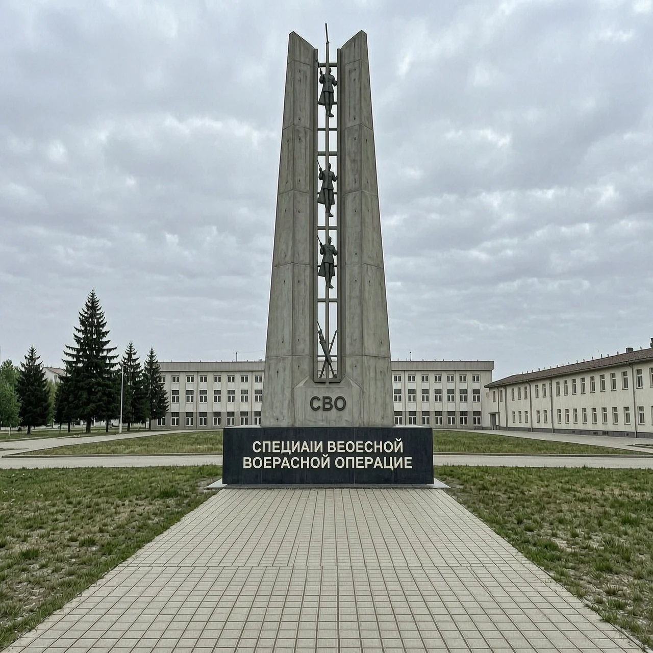Фотореалистичный кадр: памятник в честь специальной военной операции стоит как входная группа перед территорией, перед памятником дорожка из плитки, сам памятник выполнен из…