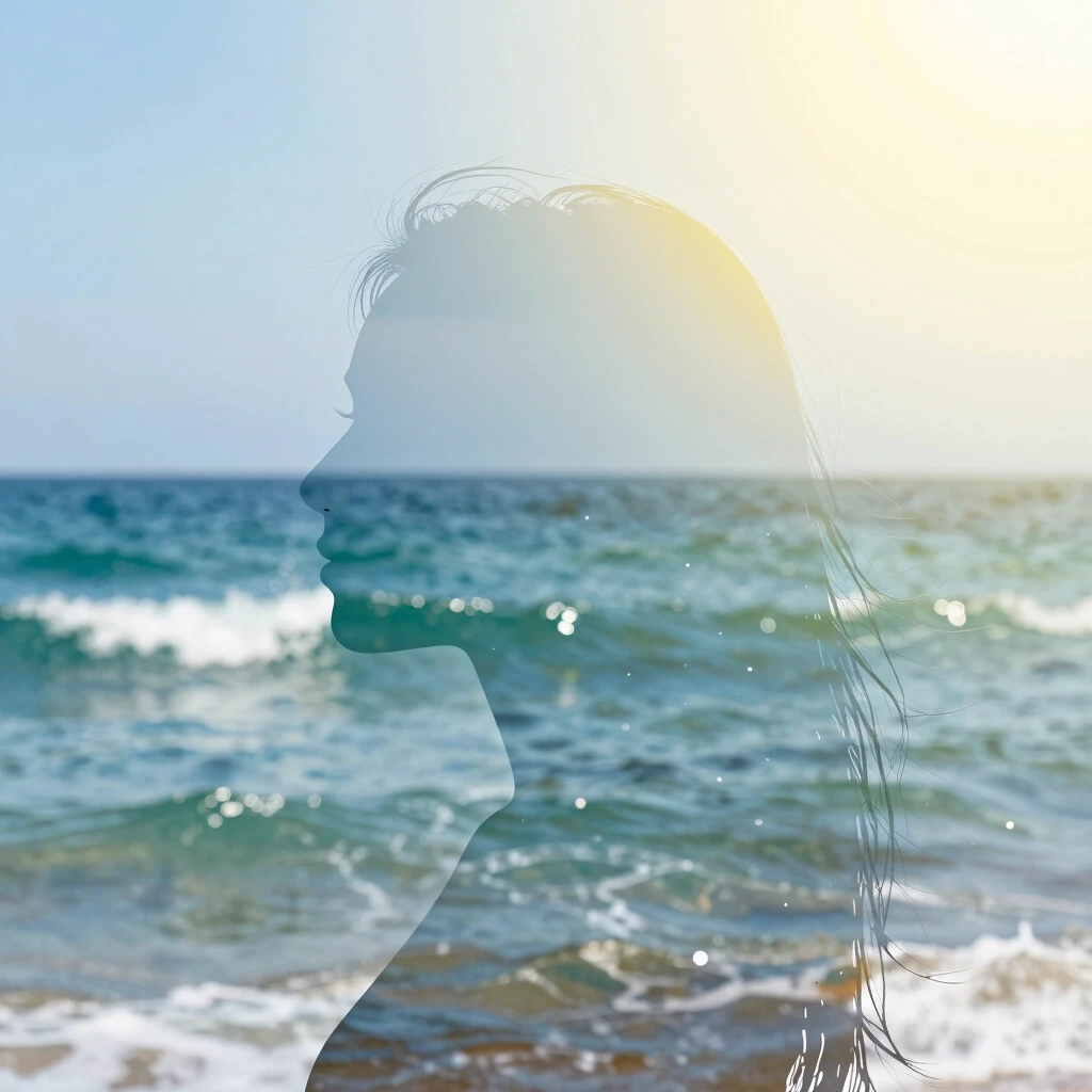 (Double exposure: 1,9). Abstract background (soft colors, marine theme). Seascape (waves, clear water, splashes) inside transparent silhouette of girl's profile. Dissolving…