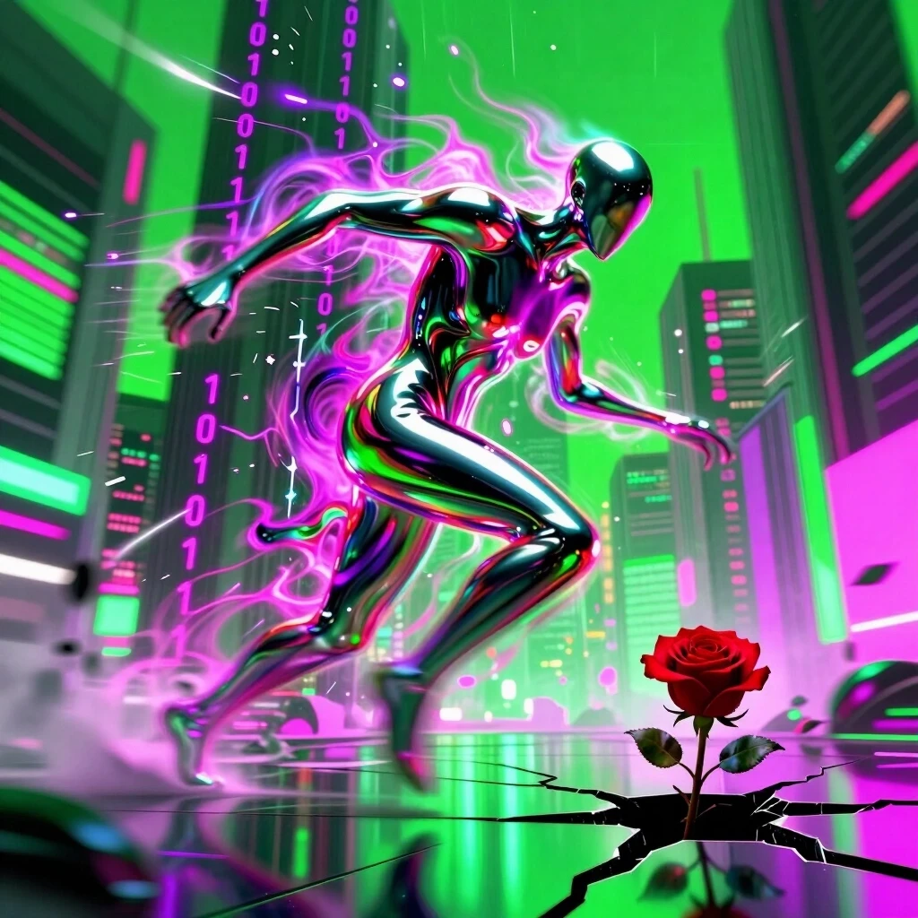 Prompt: A high-octane, psychedelic cyber-expressionist 8k vision. The "Ghost Emperor" is depicted as a fluid, shifting silhouette made of molten iridescent chrome and…