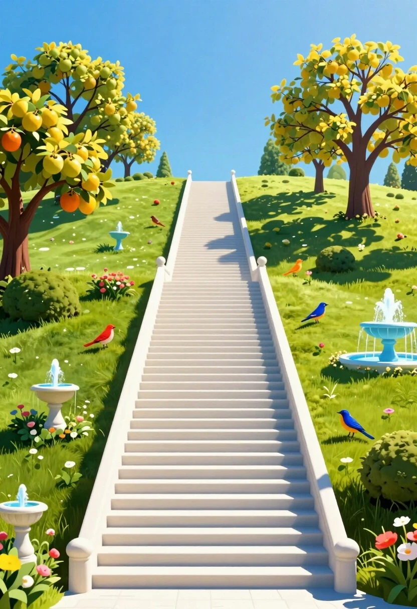 A long, bright staircase ascends, narrowing. The staircase leads to paradise. A sunny meadow, blue sky, fruit trees, birds, flowers, fountains. Everything is permeated with…