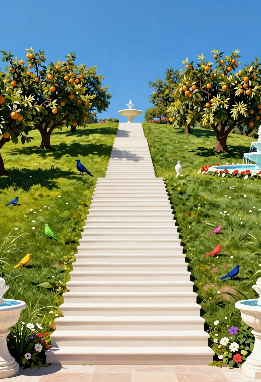 A long, bright staircase ascends, narrowing. The staircase leads to paradise. A sunny meadow, blue sky, fruit trees, birds, flowers, fountains. Everything is permeated with…