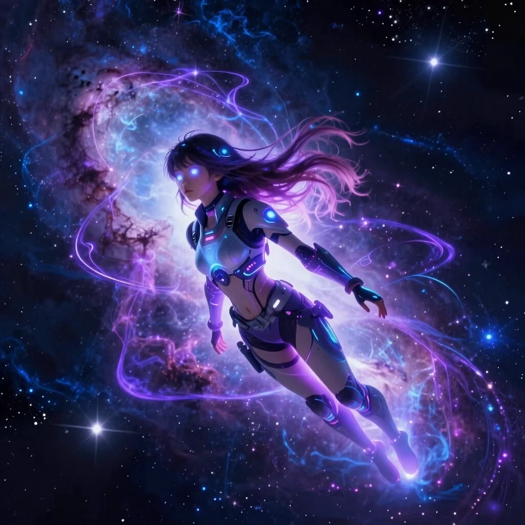 A beautiful space wanderer girl flying through a glowing nebula, long hair floating in zero gravity, glowing eyes. Ethereal light, cosmic energy patterns around her, anime…