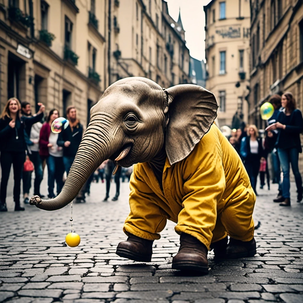 A huge yellow checkered elephant with leather wings is joyfully jumping on the stone pavement in black boots, surrounded by floppy-eared creatures in pointed hats blowing soap…