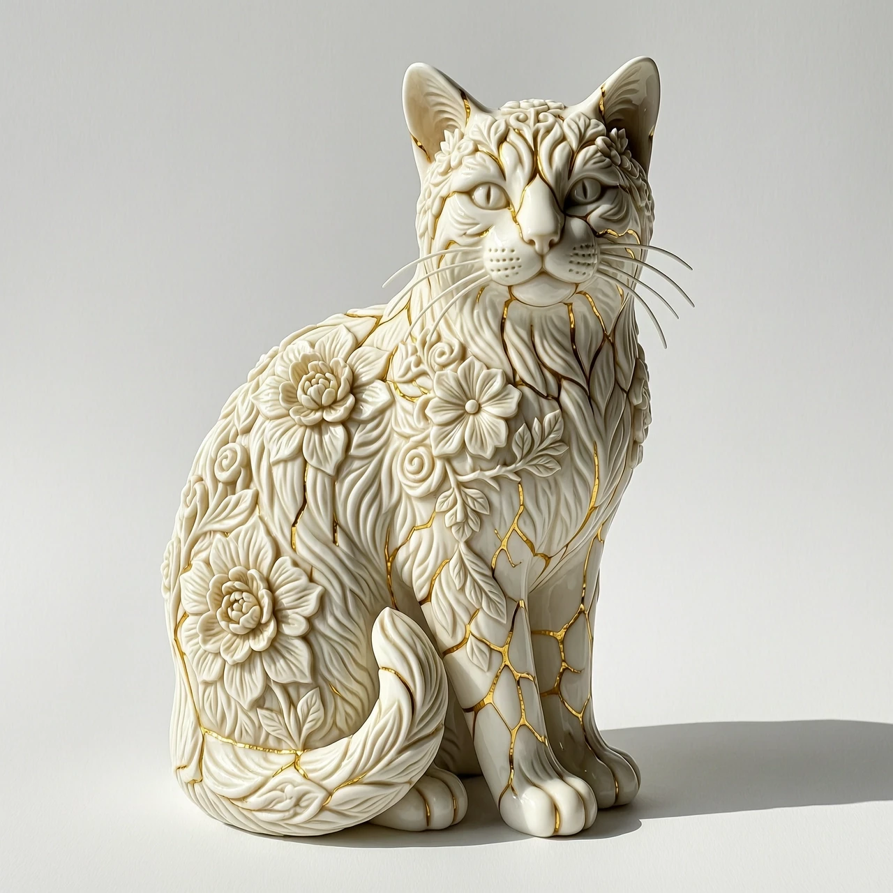 Digital image in Baroque and rocaille style with elements of kintsugi technique. Close-up. (Decorative sculpture made of white porcelain: 1.5). Golden cracks. Volume. The…