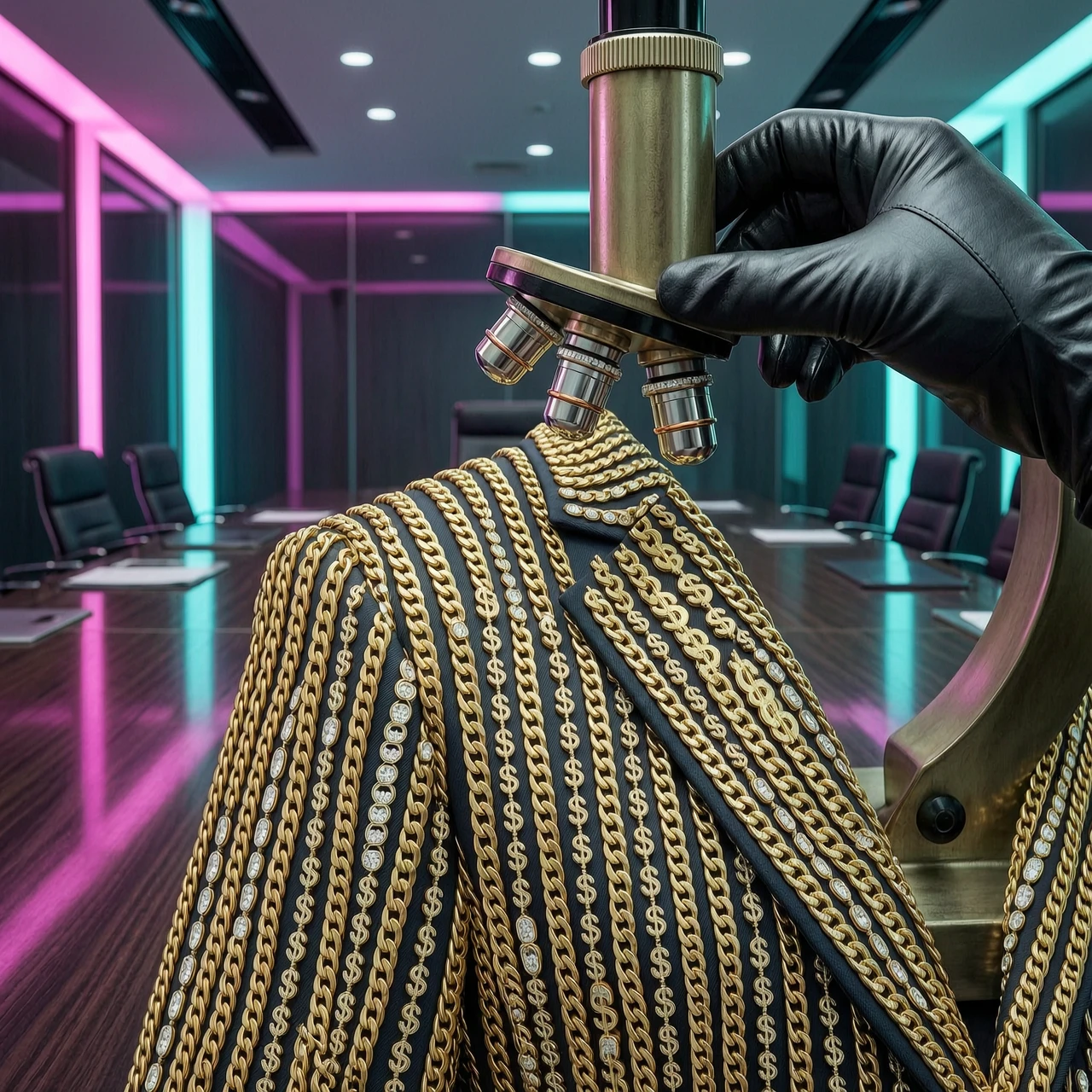 A hyper-surreal maximalist collage: an extreme close-up of a power suit's shoulder and lapel, magnified through a giant vintage microscope. The fabric of the suit is not…