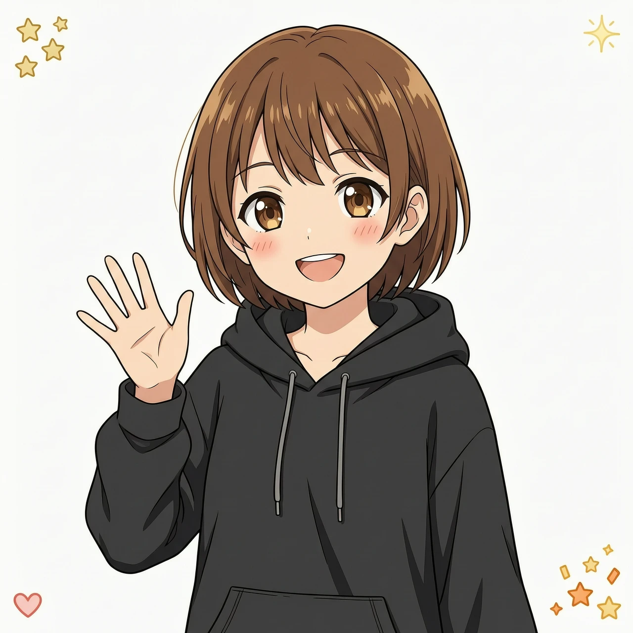 Modern anime style, high quality anime aesthetic, 2D anime illustration, full-grown anime girl, short brown hair, expressive brown eyes, wearing an oversize black hoodie, solid…