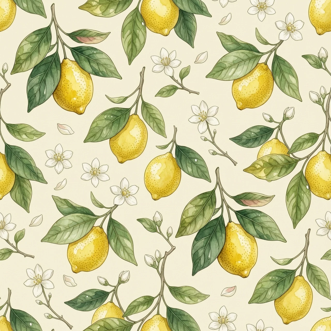 A seamless vintage print pattern filling the entire frame. Watercolor illustration of ripe yellow lemons, detailed green citrus leaves with visible veins, and delicate white…