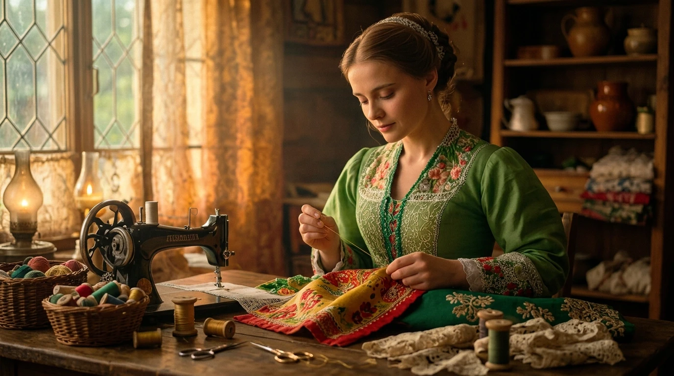 redraw beutiful, humble, elegant, graceful, delicate, exquisite, humble, shy russian woman in folk dress sitting at workplace table doing embroidery, craft atelier studio…