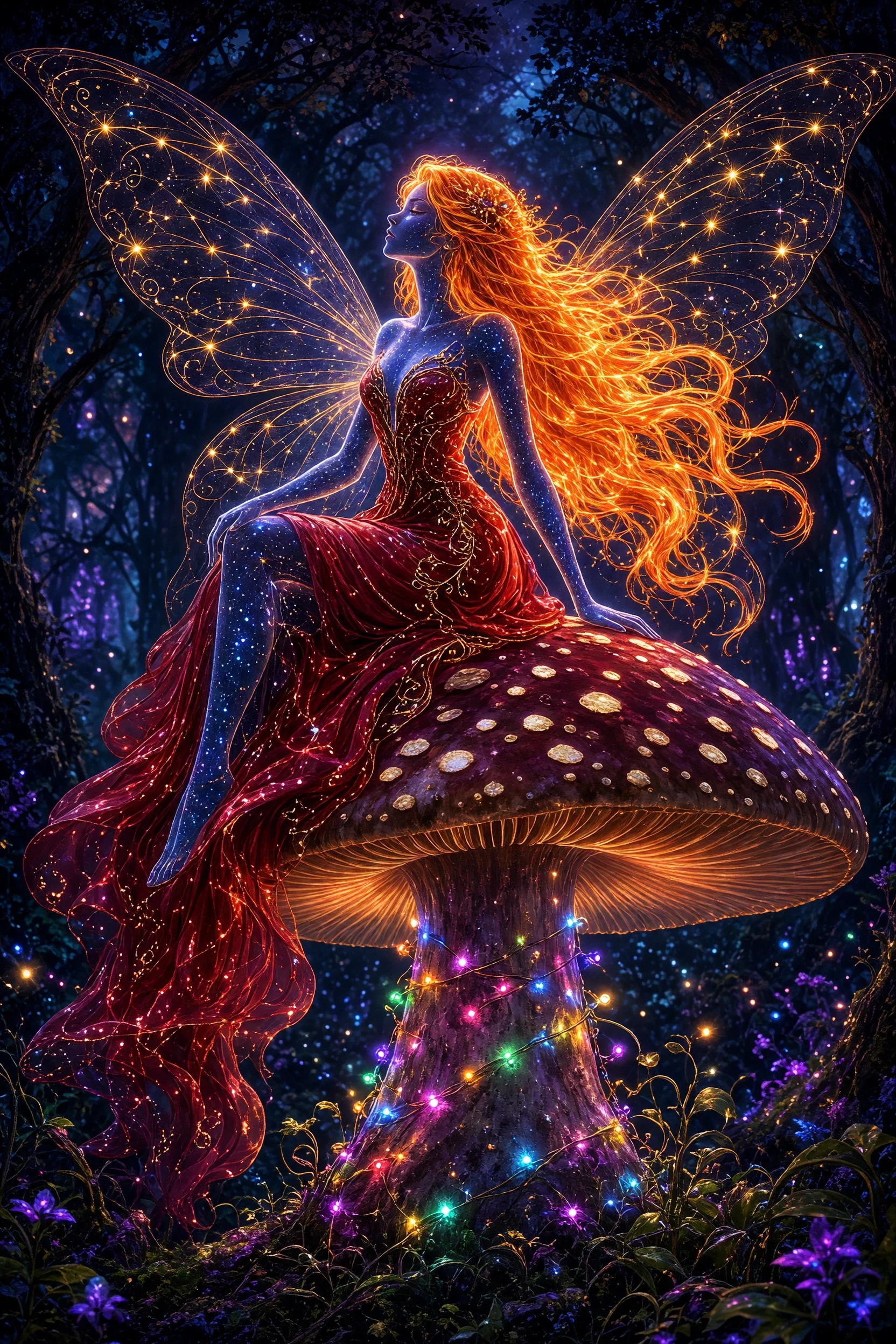 zidiusArt, a majestic ethereal fairy sitting gracefully atop a giant, whimsical spotted mushroom, the fairy silhouette is a transparent window into a deep starry night sky, she…
