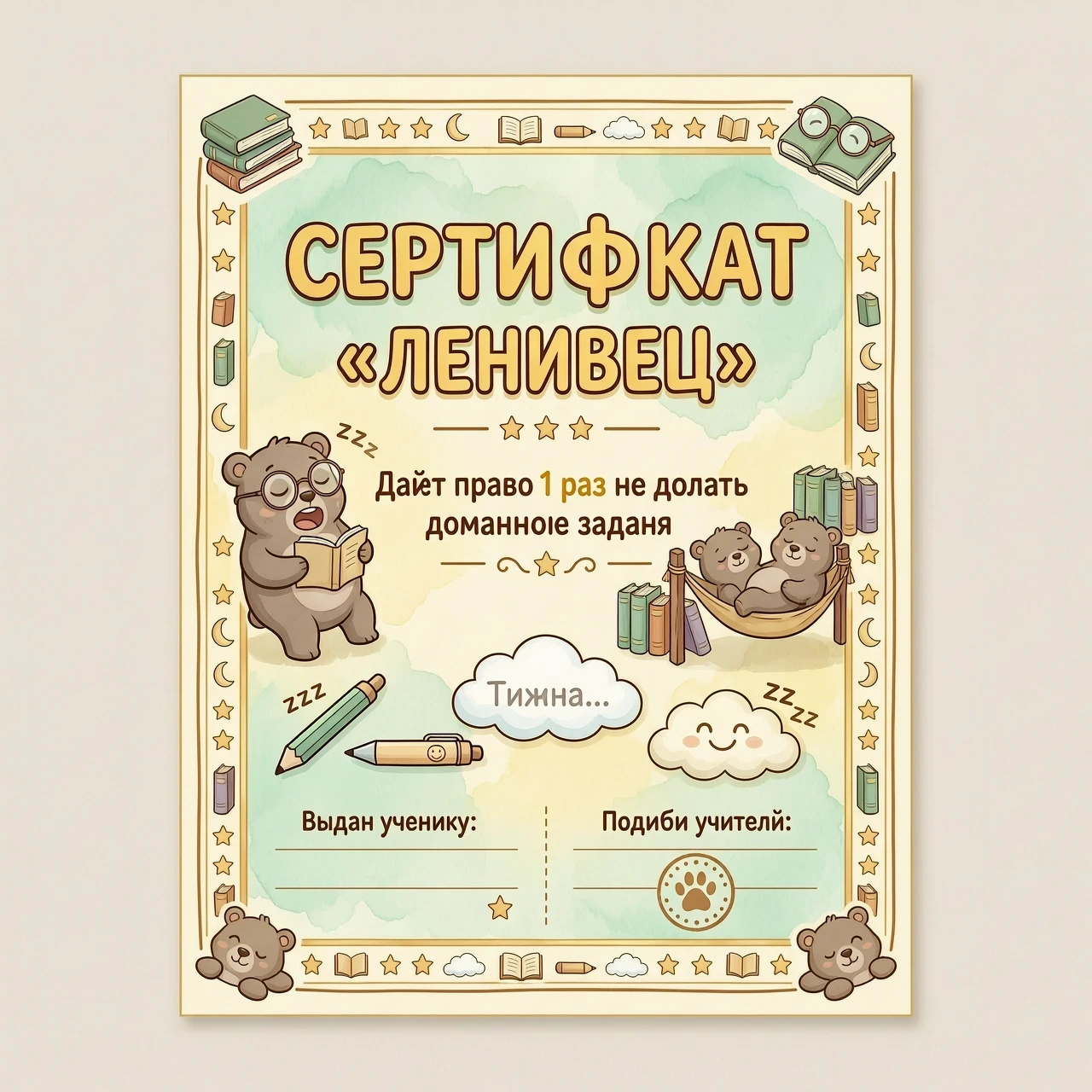 Вертикальный подарочный сертификат формата А6 в стиле школьной награды. Декоративная рамка из тёплых пастельных тонов: бежевый, мятный, светло-жёлтый. По центру сверху крупными…