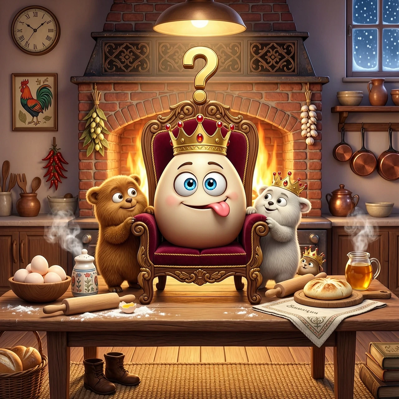 Картинка в стиле Pixar.на столе стоит трон вокруг трона за ручки держаться шаньги и блины коман мелна трехслойные.на троне яйцо высунув язык на голове корона на яйце…