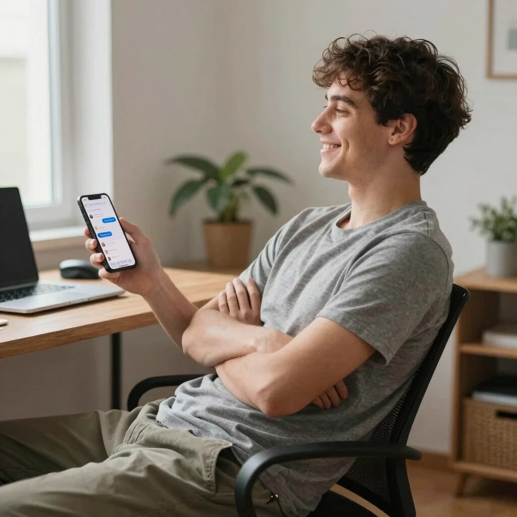 A young man leaning back in his chair at home desk, arms crossed with a confident smile, phone screen showing multiple unread messages from recruiters, relaxed body language…