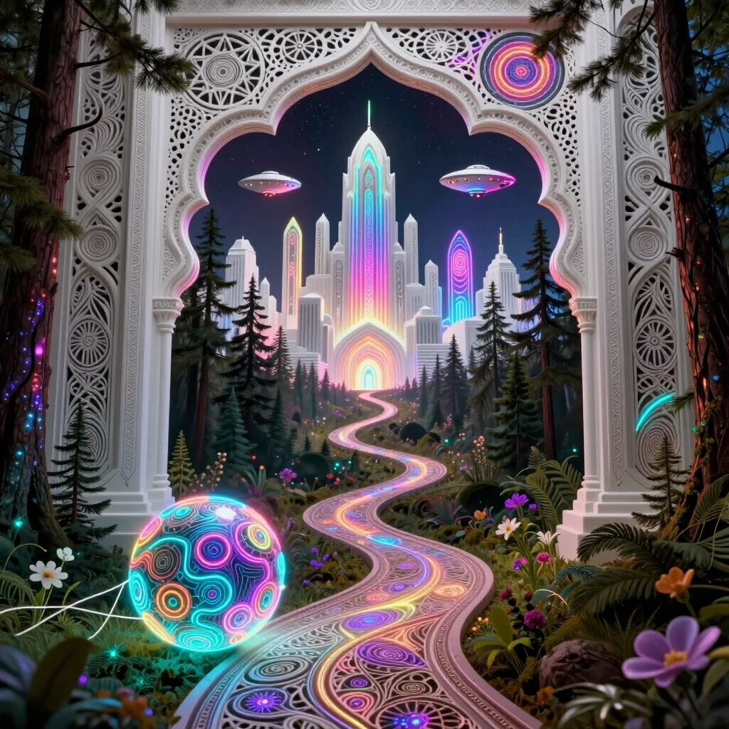 Background: a winding path leading from the forest to a white city. In the middle and far distance, a street in a futuristic ornamental white city with a (thrilling triphobic)…