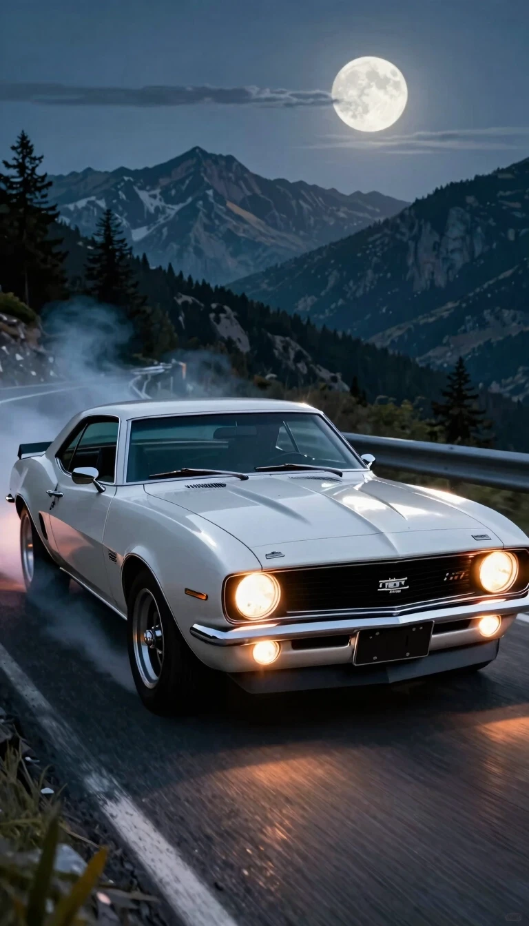 Chevrolet Camaro SS 1967, едет по горной дороге, дрифт, эпичный ракурс, горящие фары, на фоне гор, ночь и луна, шедевр, крупный план, стиль аниме с реалистичными деталями —…