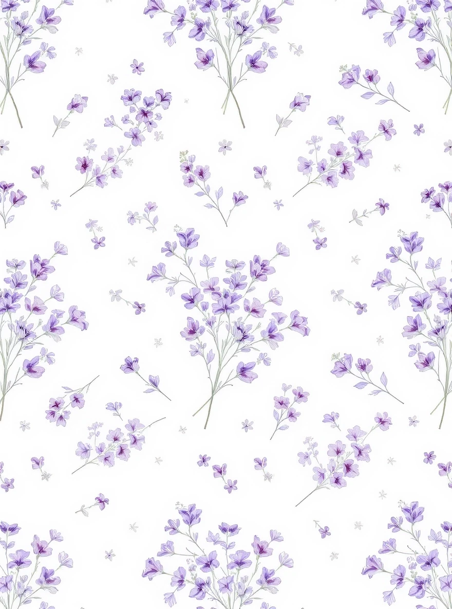 millefleur seamless pattern, tiny violet bouquets, dynamic scattered layout, rotated in various directions, half-drop repeat 1/3 offset, watercolor with thin line contour,…