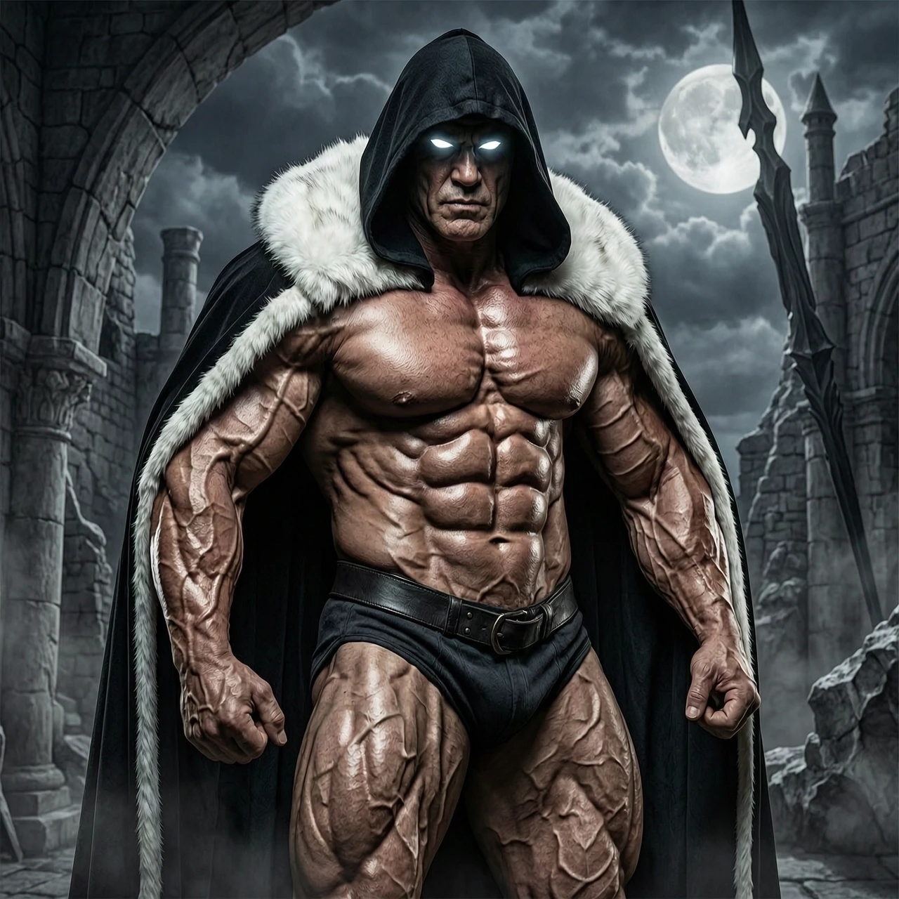 Ultra muscular dark hooded figure, massive bodybuilder physique, enormous bulging muscles, huge biceps and chest, shredded eight-pack abs, black cloak with white fur trim,…