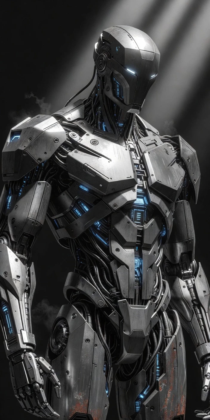 A pseudo-male techno-fantasy disproportionately. четкие линии, 8К high detail. стиль ч/б псевдофото. color palette: desaturated steel tones, gray, cold blue, slight rust…