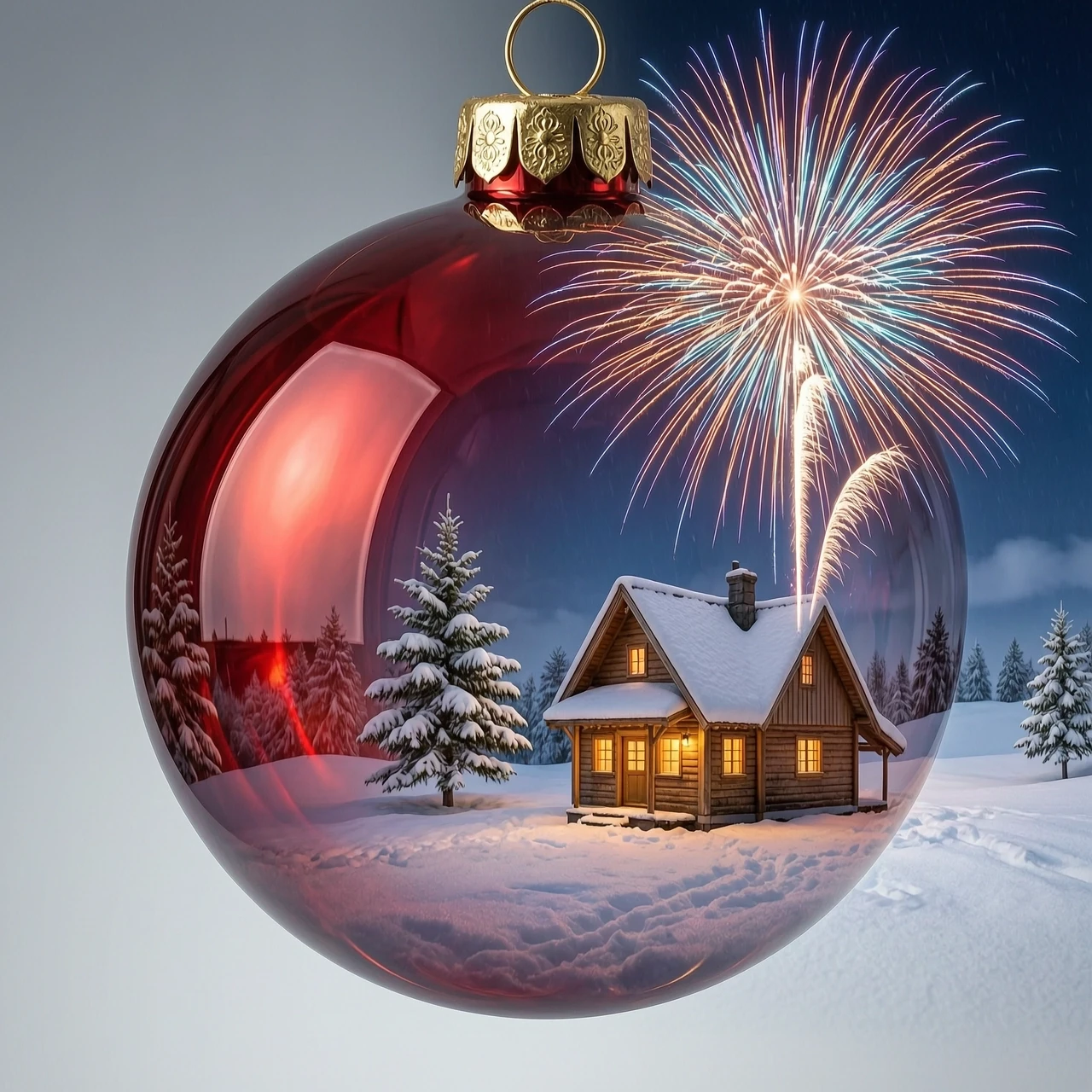 A hyperrealistic digital double exposure artwork for New Year's. Three distinct images are seamlessly blended: the detailed, reflective surface of a red glass bauble, a…