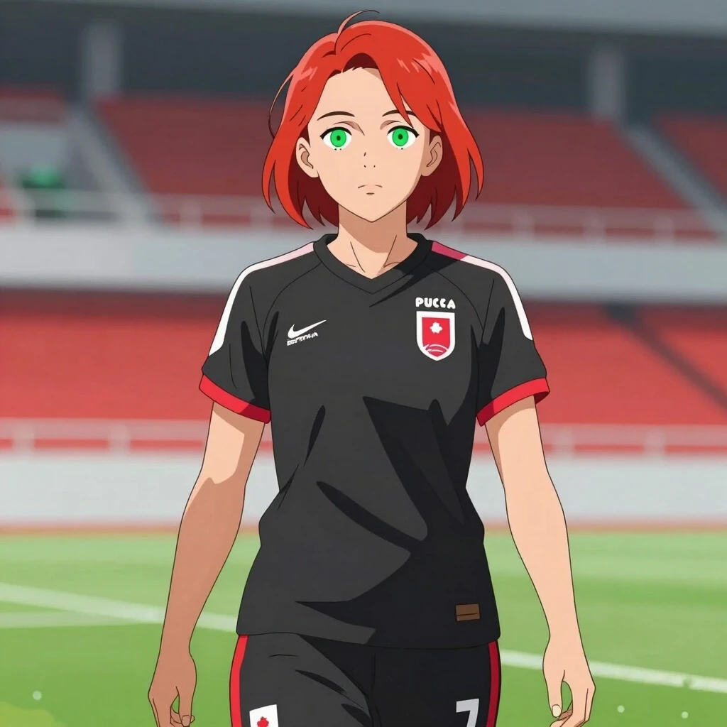 Девушка в спортивной форме сборной России по футболу. Волосы короткие распущенные, цвет светло-рыжий. Глаза зелëные. Стиль аниме. — работа пользователя Сенсационный Электрон