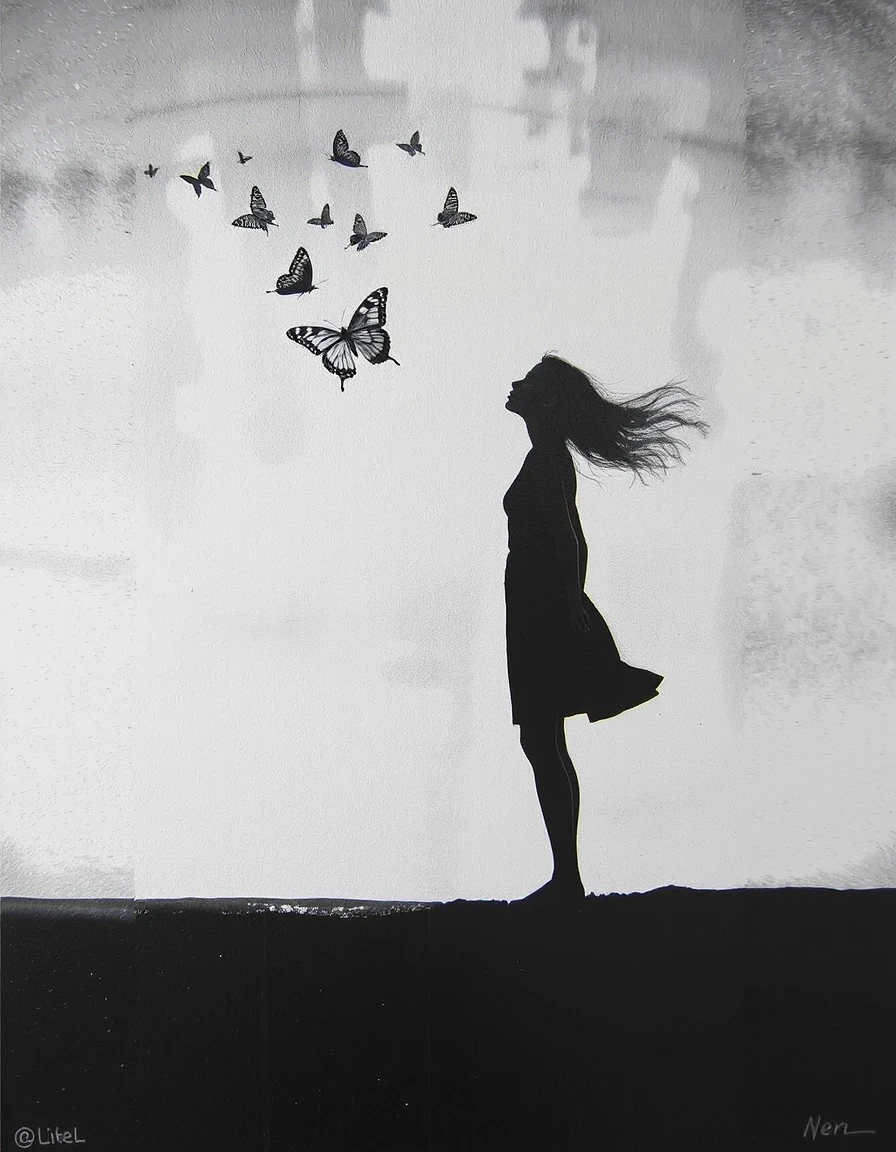 Black and white minimalism, conceptualism, flat painting, horizontal edge of shore and sea, thin, graceful white butterflies above, Silhouette of a slender young woman, hair…