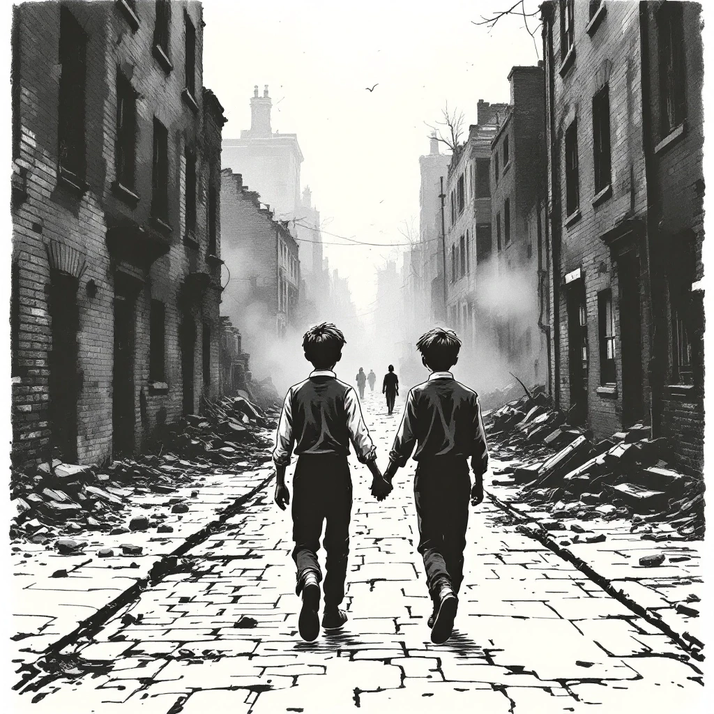 A black and white vintage book illustration, classic ink pen sketch, cross-hatching style. View from behind. Two skinny 13-year-old boys are walking away down a narrow, dark…