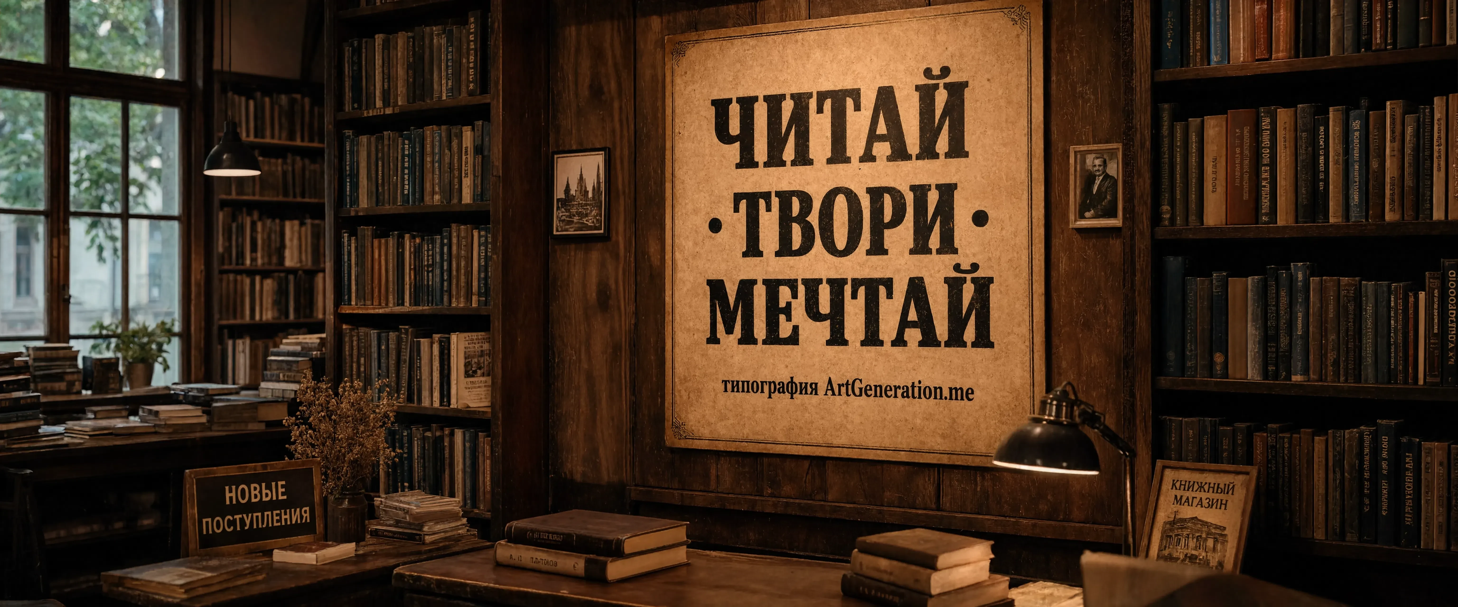 Уютная книжная лавка, деревянные стеллажи, корешки книг с разными русскими названиями, тёплый ламповый свет, нативное 4K, плотная детализированная сцена. На стене — винтажный…