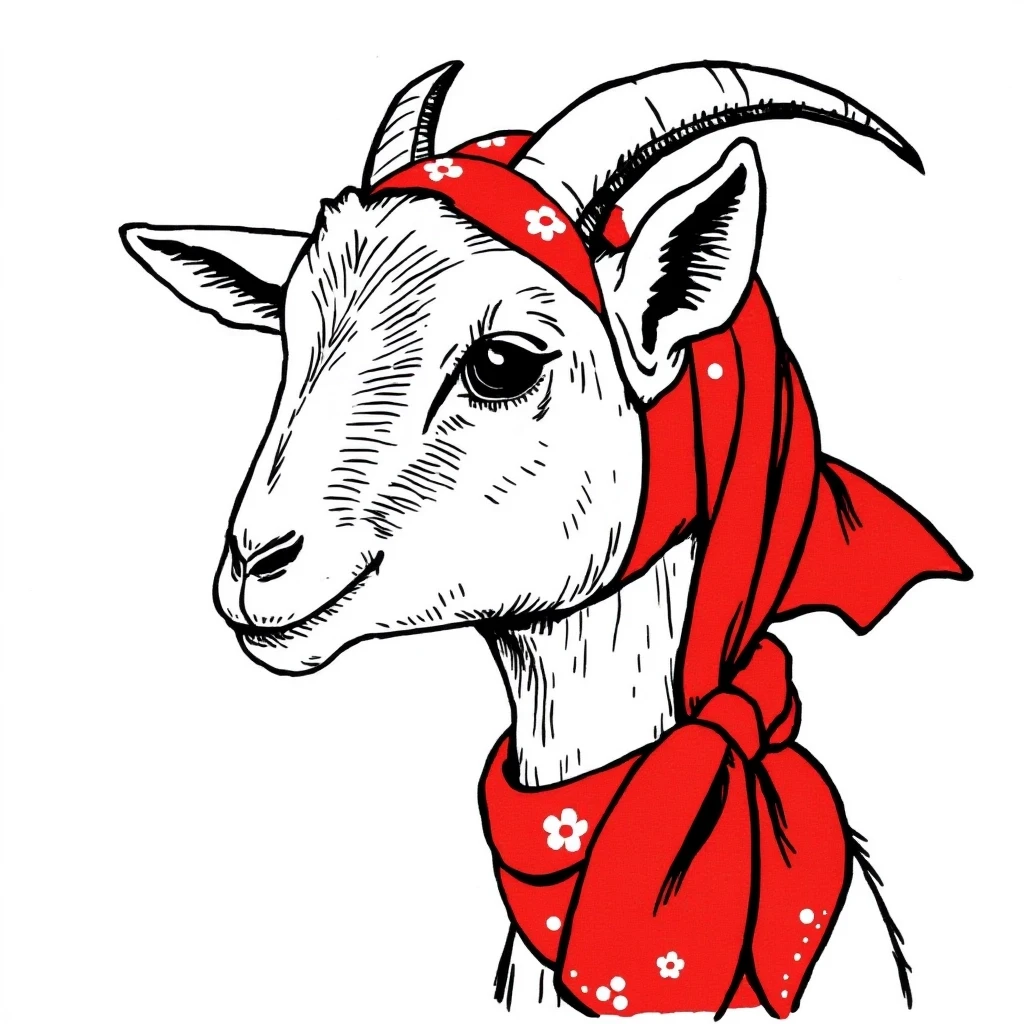 Whimsical hand‑inked portrait of a goat in three‑quarter view, head and shoulders composition, expressive almond eye and gentle smile, short curved horns peeking through a tied…