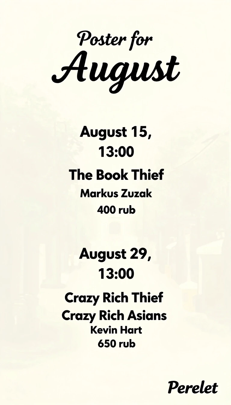 Top center inscription "Poster for August" Slightly below and also in the center: August 15, 13:00, "The Book Thief" Markus Zusak, 400 rub. Further down and…