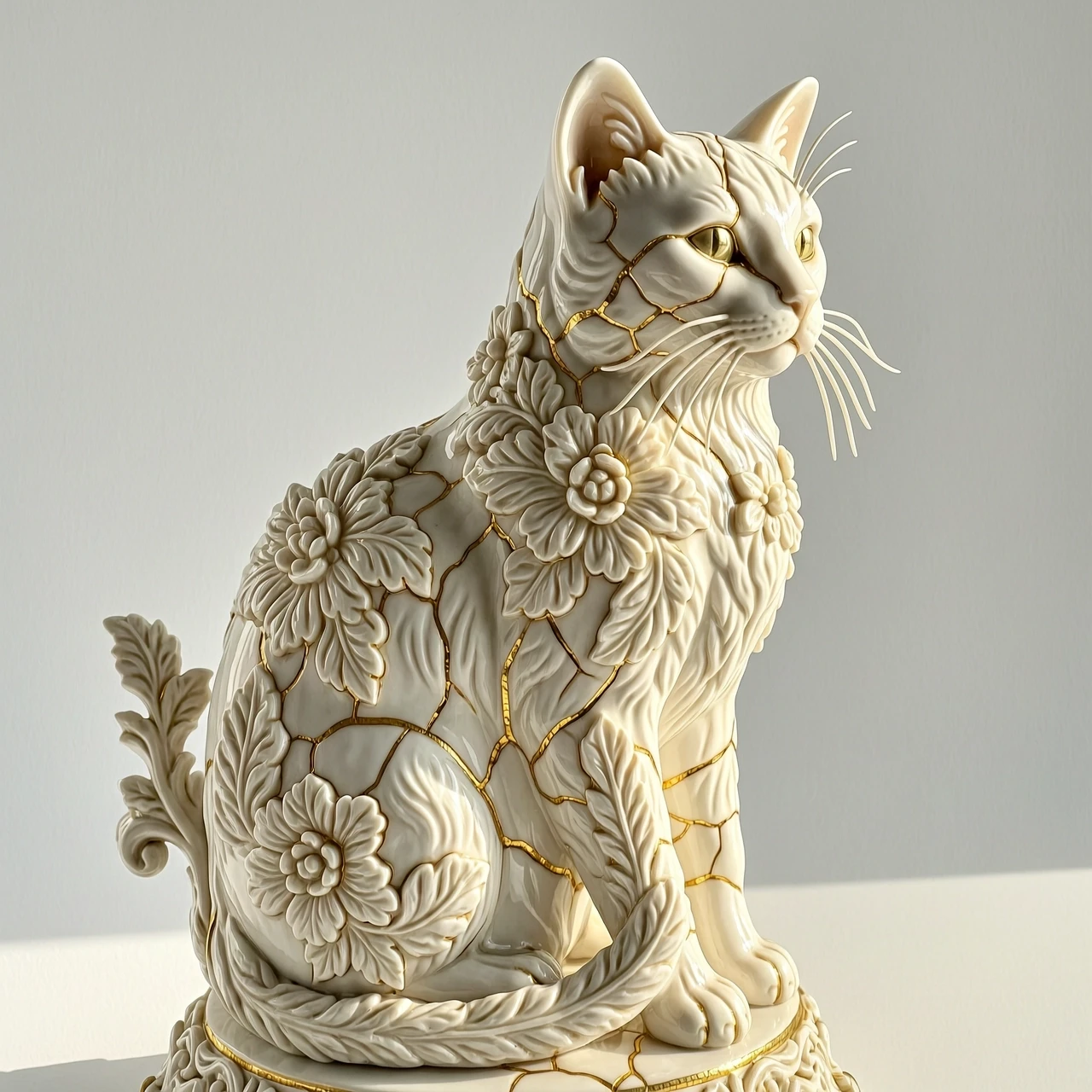 Digital image in Baroque and rocaille style with elements of kintsugi technique. Close-up. (Decorative sculpture made of white porcelain: 1.5). Golden cracks. Volume. The…