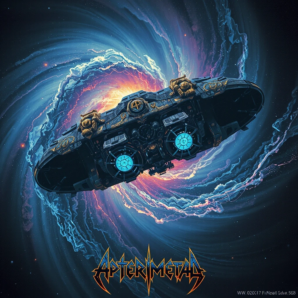 Epic album cover art for a power metal band, featuring no text. A massive ancient spaceship with glowing blue engines and golden gothic ornaments is flying directly into the…