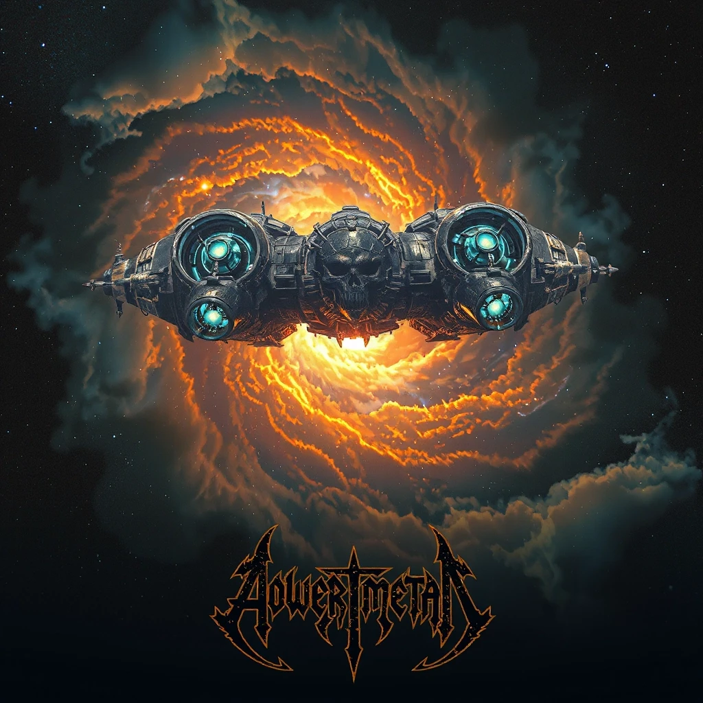 Epic album cover art for a power metal band, featuring no text. A massive ancient spaceship with glowing blue engines and golden gothic ornaments is flying directly into the…