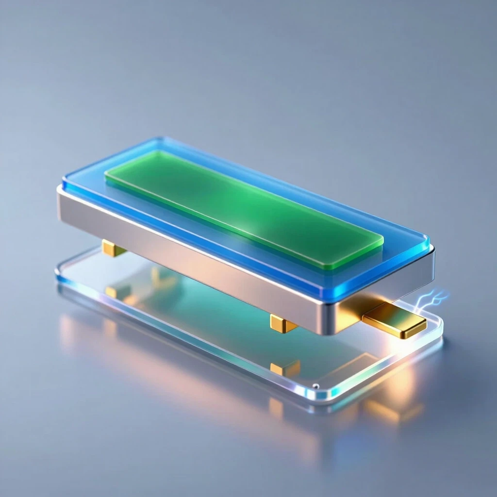A hyper‑realistic scientific 3D illustration of a single organic field‑effect transistor of the following structure (thin layers from bottom to top): a flexible transparent…