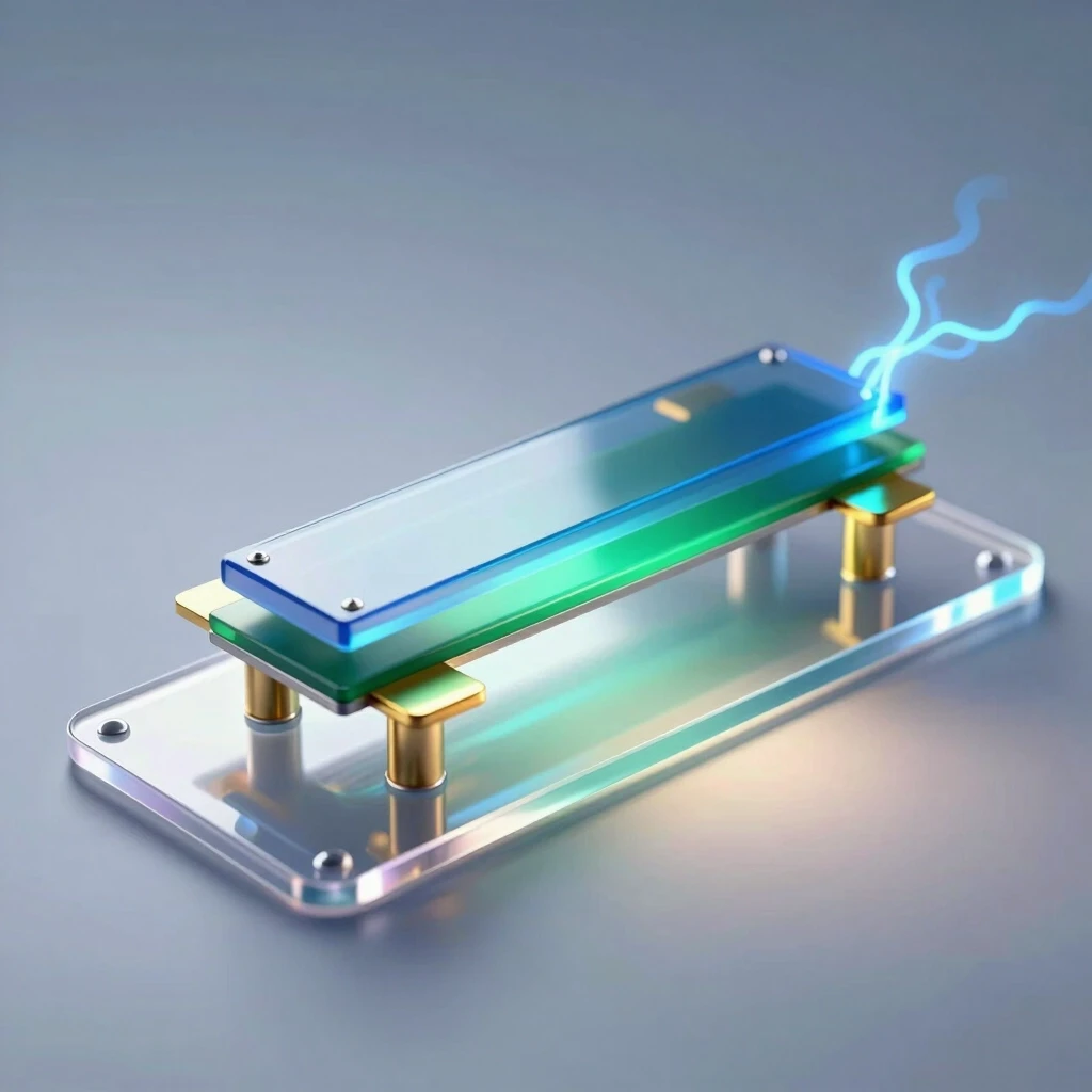A hyper‑realistic scientific 3D illustration of a single organic field‑effect transistor of the following structure (thin layers from bottom to top): a flexible transparent…