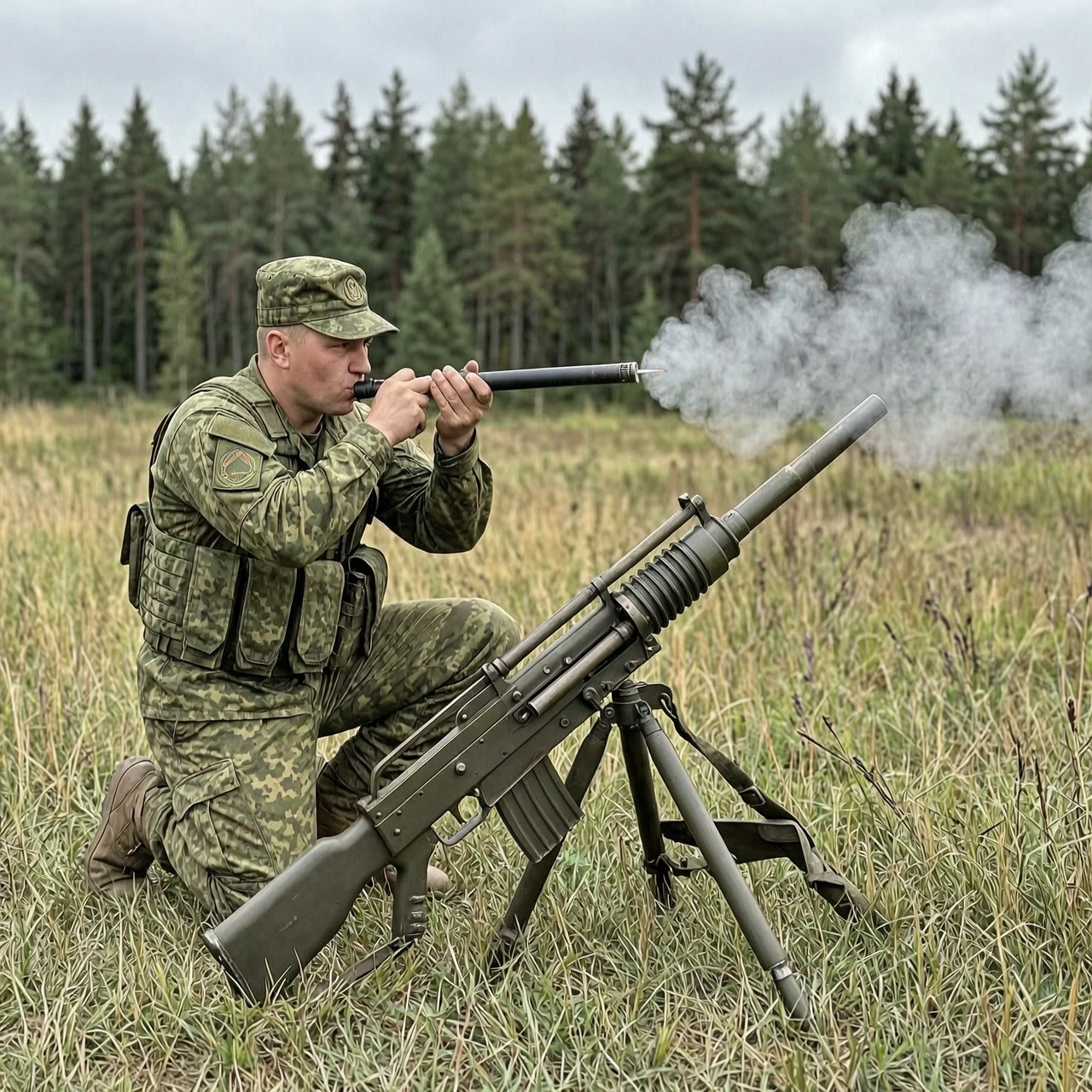 Боец русский на поляне суёт 120 мм. мину в ствол миномёта — работа пользователя Ледяной Феномен