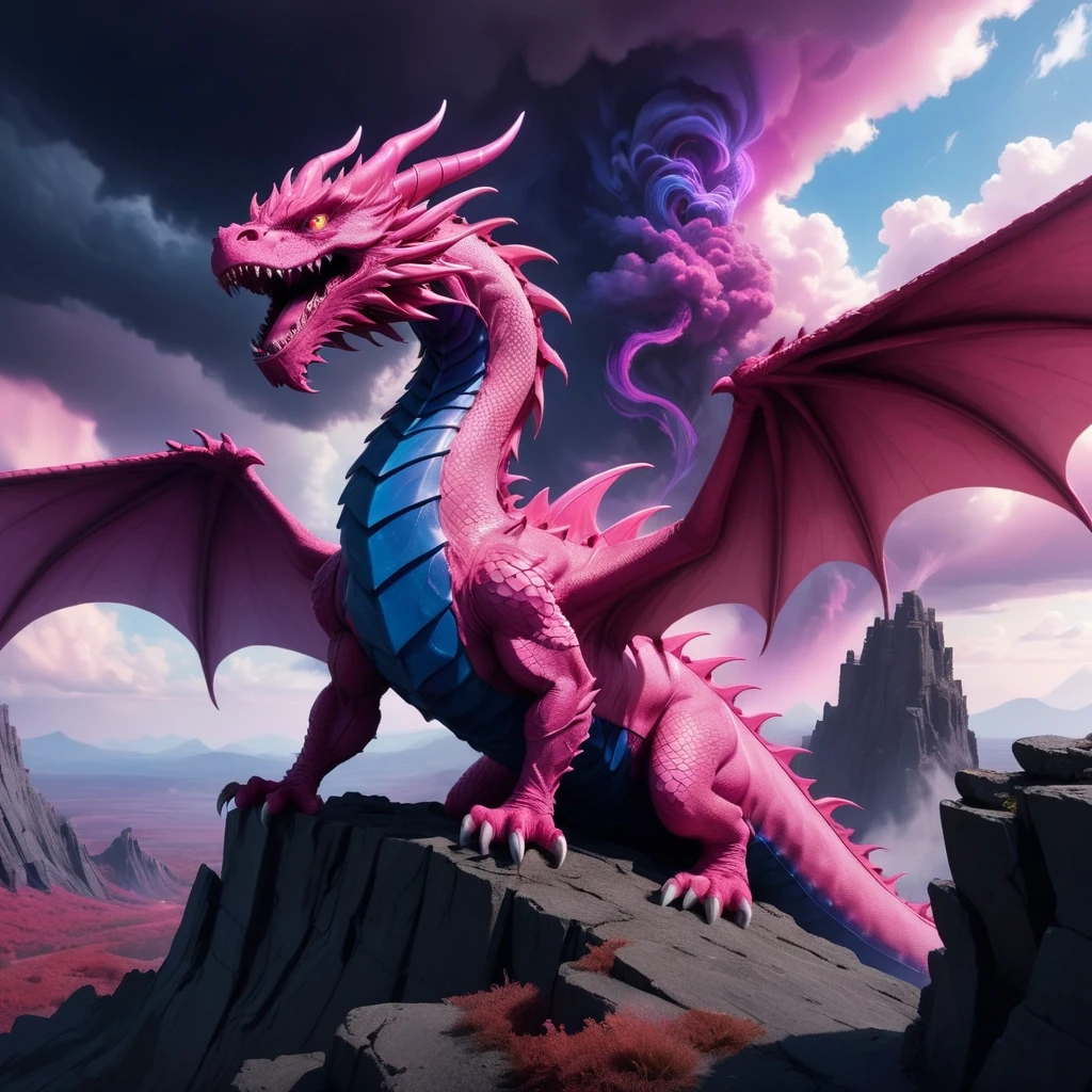 A pink intimidating dragon sitting on the edge of a cliff, with huge wings. Create a background: a pink, purple, violet, and blue tornado is created in the sky from the clouds.…