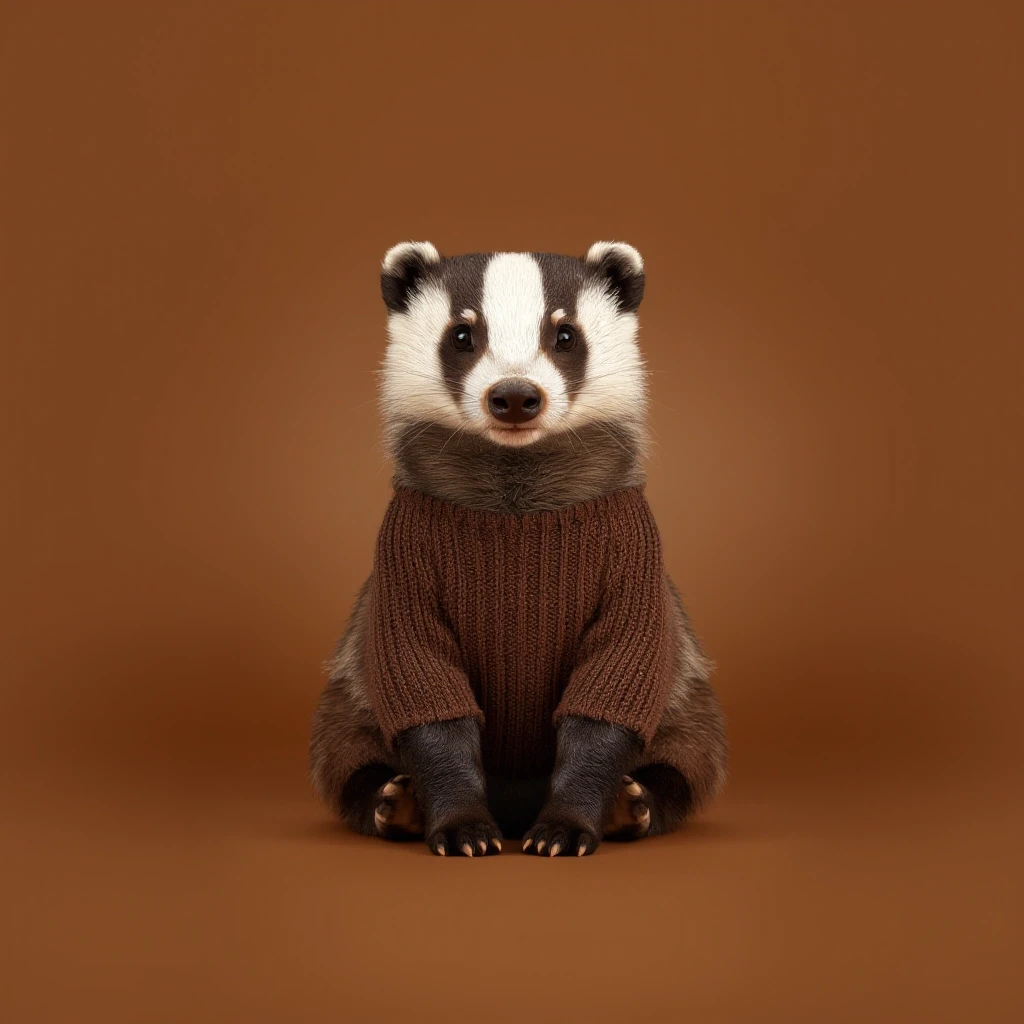 Draw a symmetrical frontal frame in the style of Wes Anderson for the A6 format. In the center is a full—length badger, he is sitting in a calm pose, he is wearing a knitted…