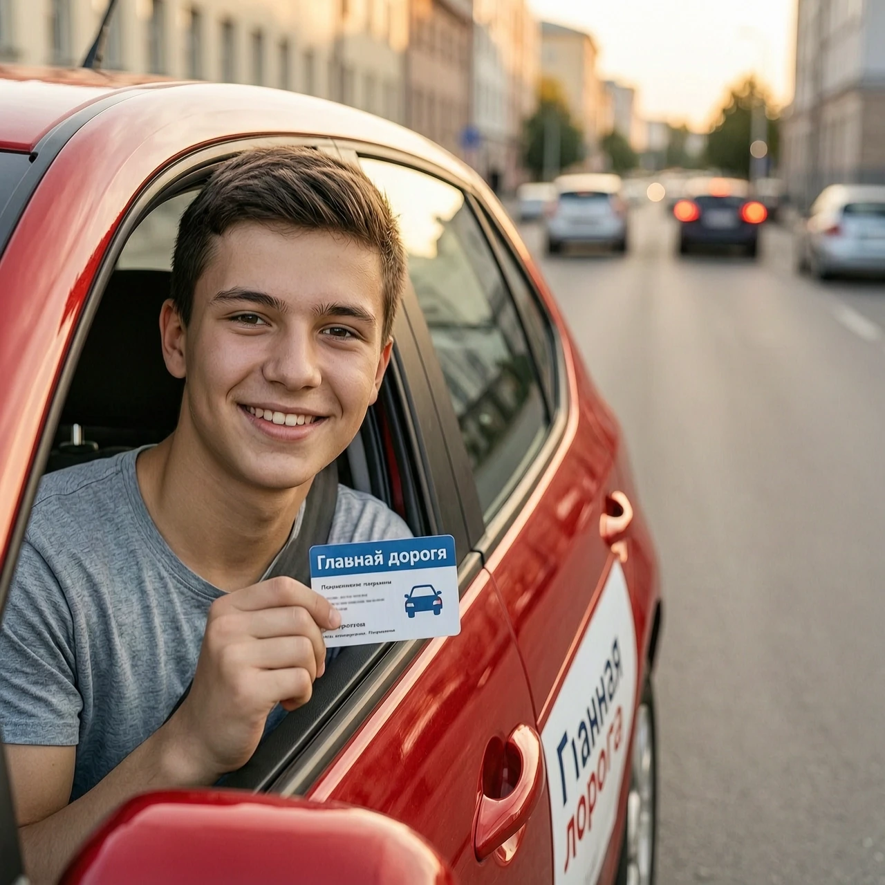 Horizontal format, 4:3 aspect ratio, 1200x900 resolution. Close-up portrait of a young person holding a driver's license, standing next to a red car, smiling confidently,…