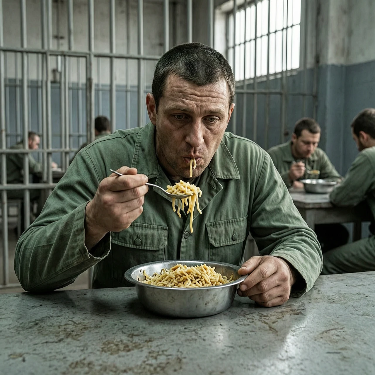 Сделай фото где он в тюрьме кушает с дырявой ложки — работа пользователя Живописный Эксимер