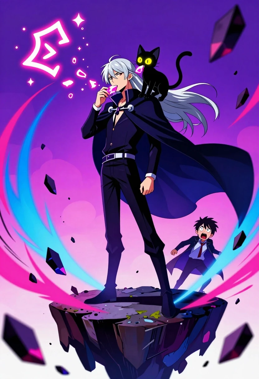 High-energy anime style, bold linework, vivid color palette with strong contrasts — deep purples, electric blues, and hot pinks. A cool, aloof-looking mage with long silver hair…