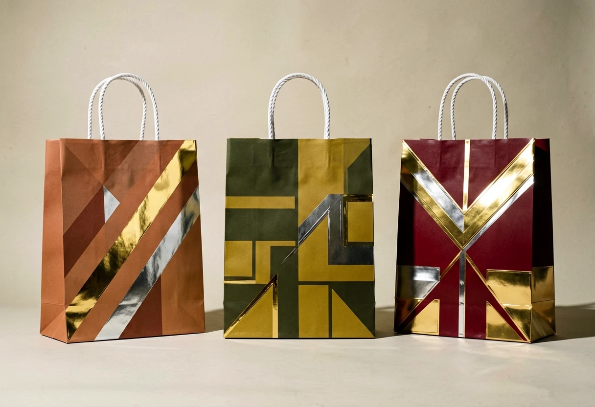 Three premium paper shopping bags standing side by side on a stark, matte light beige background with no gradient, white twisted rope handles, photorealistic product photography…