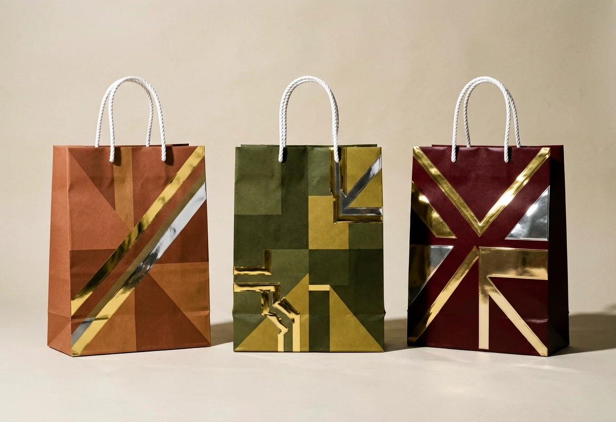 Three premium paper shopping bags standing side by side on a stark, matte light beige background with no gradient, white twisted rope handles, photorealistic product photography…