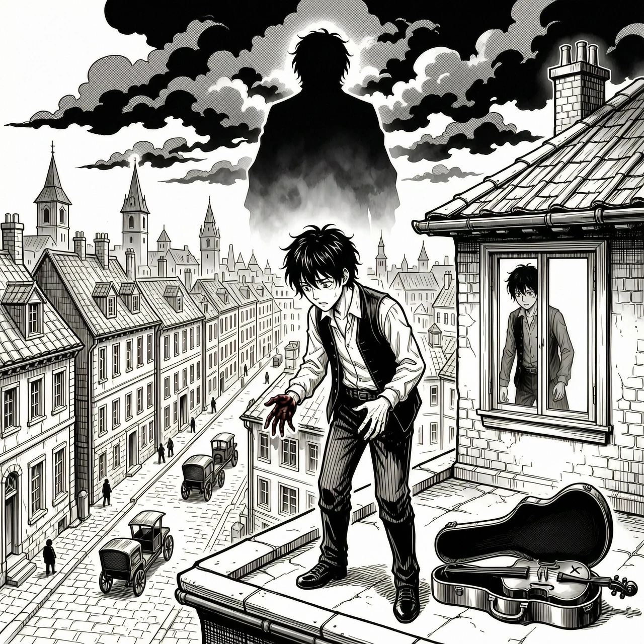 Black and white Japanese manga novel cover, dark supernatural mystery, psychological mystery, seinen manga aesthetic. A young male protagonist standing alone on the rooftop of…