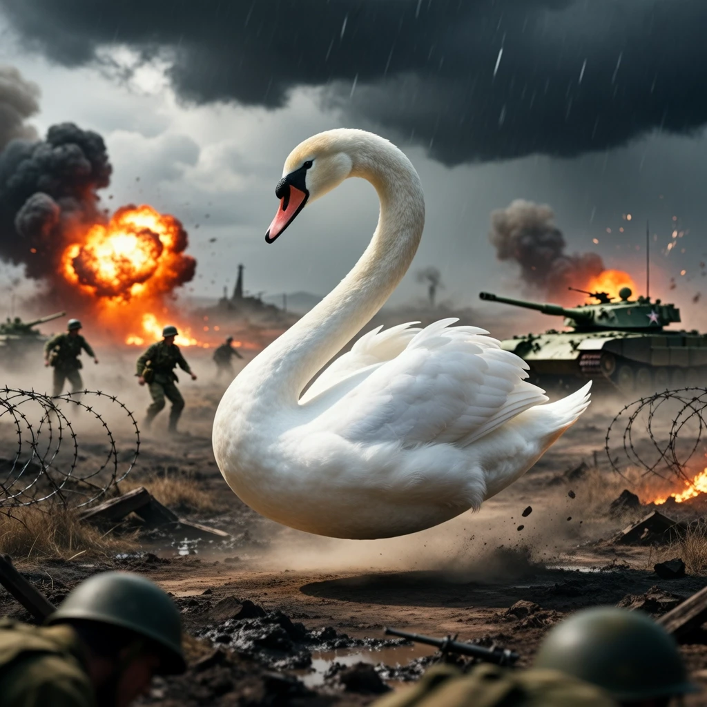 swan in the form of the letter z against the backdrop of a military battle — работа пользователя Экстравагантная Бестия