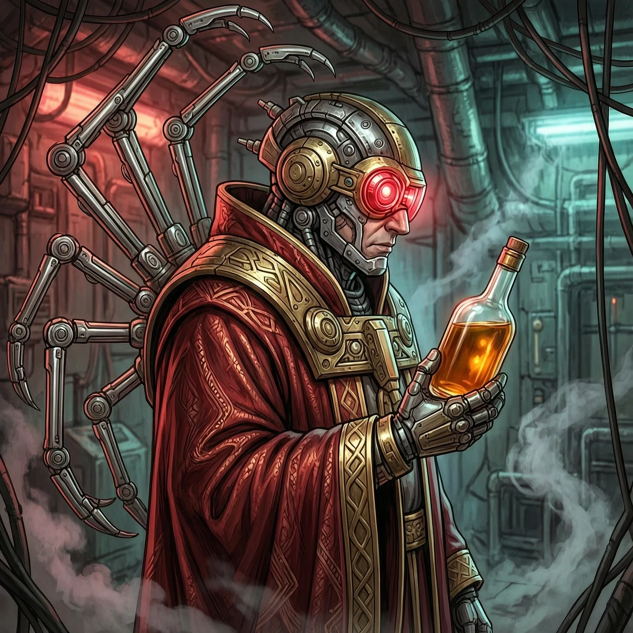 Digital art portrait, profile picture style, Adeptus Mechanicus Tech-Priest wearing ornate crimson liturgical robes with intricate mechanical details and brass fittings.…