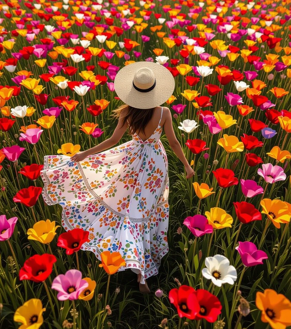 A mesmerizing top-down aerial view of a woman wearing a clad summer dress, and a large sun hat, her dress is very long, draping way behind her like flowing wind. She is wading…