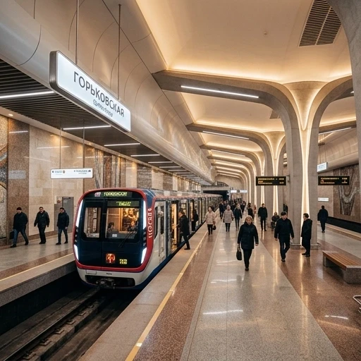 Сделай красивый и Современный проект для станции метро Горьковская в Бийске, которая должна быть калонной с широкими боковыми платформами, а на одном из путей стоит поезд…