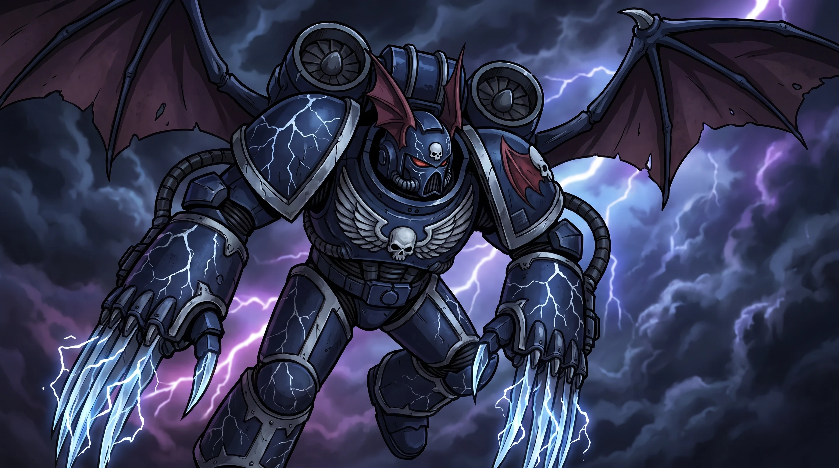 Warhammer 40000 (франшиза), космодесантник из легиона Повелителей Ночи (череп на шлеме, вампирские крылья на шлеме, рисунки молнии на броне), летит на прыжковом ранце, боевая…