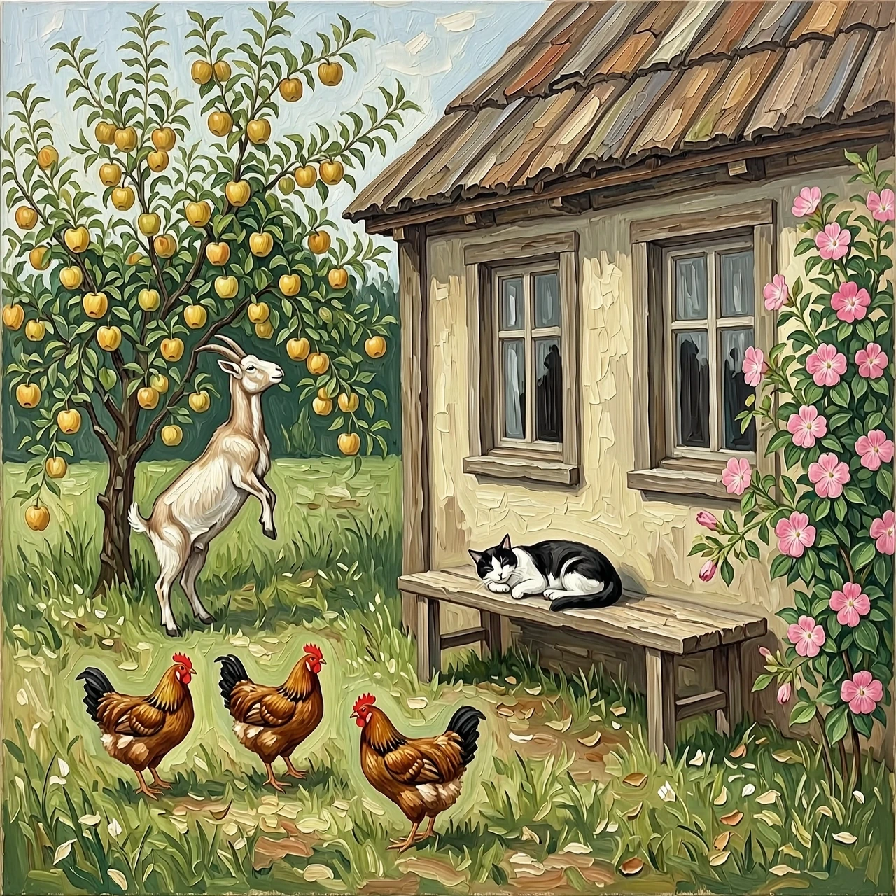 Рисунок маслом. Дом деревенский с двумя окнами. На заднем плане яблоня, коза стоит на задних лапах пытается достать верхнее яблоко. Перед окнами скамья без спинки, на ней спит…