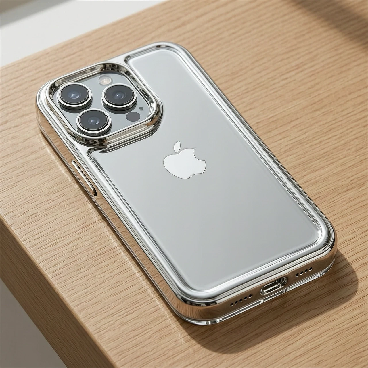 Итак, берем, короче, чехол для iPhone 17 Pro Max и делаем его зеркально-никельным. Отступаем 2 сантиметра ниже модуля камеры и заливаем, делаем, короче, этот самый из жидкого…
